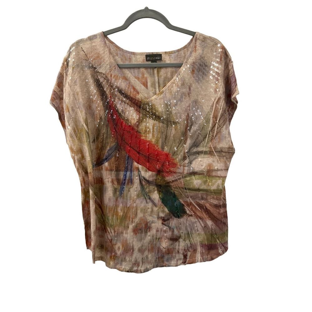 Roz & Ali Feather print V Neck Tee with sequins Size 1X